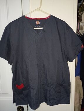 Dickies Navy Scrub Top with Red Pocket Trim